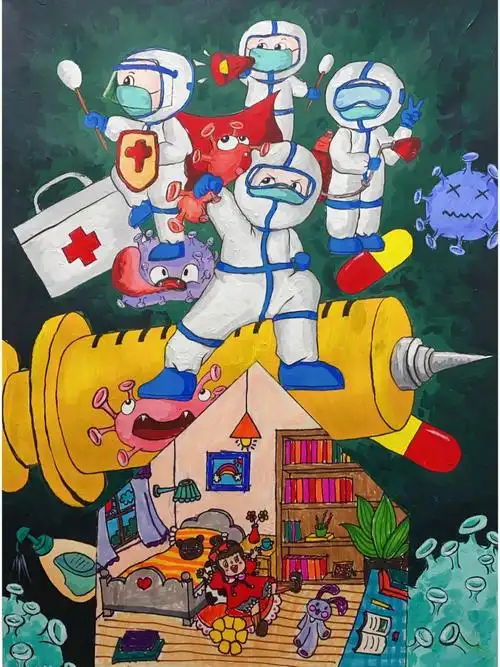 幼儿园抗疫儿童画大白打皇冠小怪兽新冠病毒