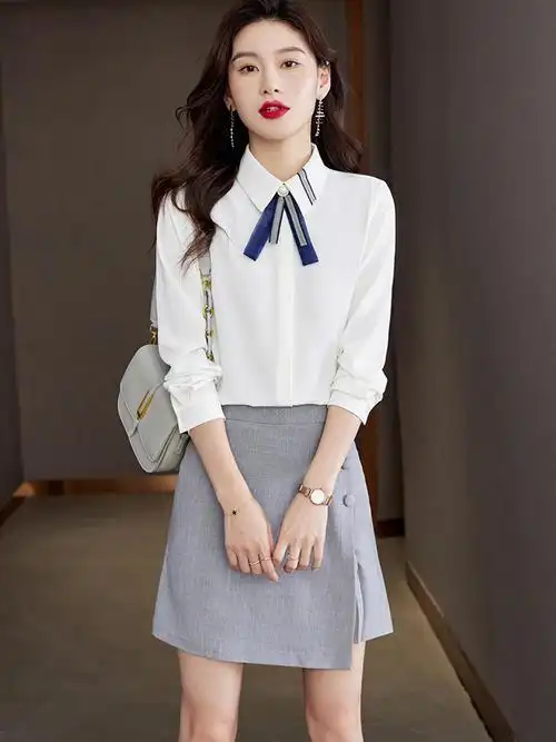 学院风奶蓝色法式领结衬衫女2022年新款设计感小众钉珠蝴蝶结上衣