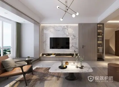 主要体现为电视隐形门背景墙,这种独特的设计给人一种很玄妙的感觉