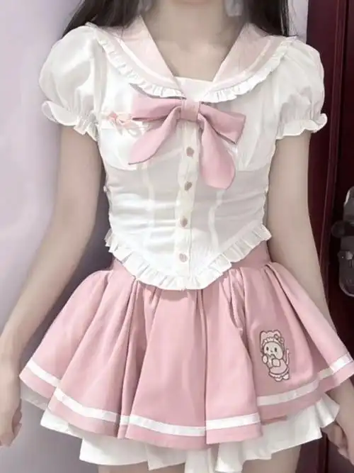 现货甜美粉色jk制服套装裙女萝莉风可爱穿搭甜妹初恋清纯两件套 - 17