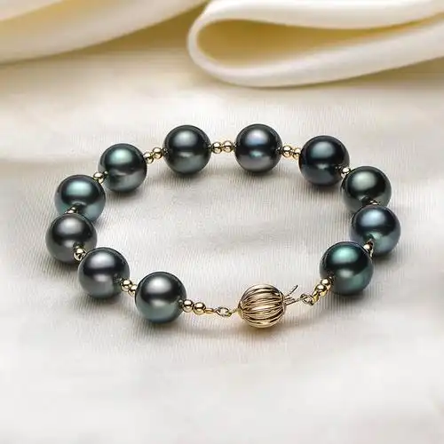 珍珠皇后14k金扣910mm大溪地海水黑珍珠手串女正圆强光华丽手链