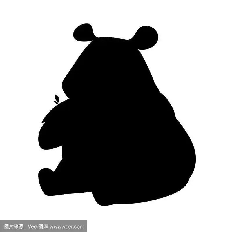 黑色剪影可爱的大熊猫坐在地板上,手持竹枝卡通动物设计平面矢量插图