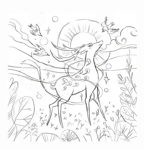 九色鹿故事原出自敦煌莫高窟壁画,所以这次画的时候打算摒弃以往的