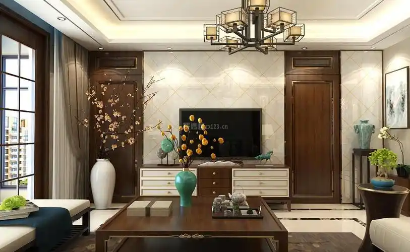 130平三居中式风格客厅电视背景墙