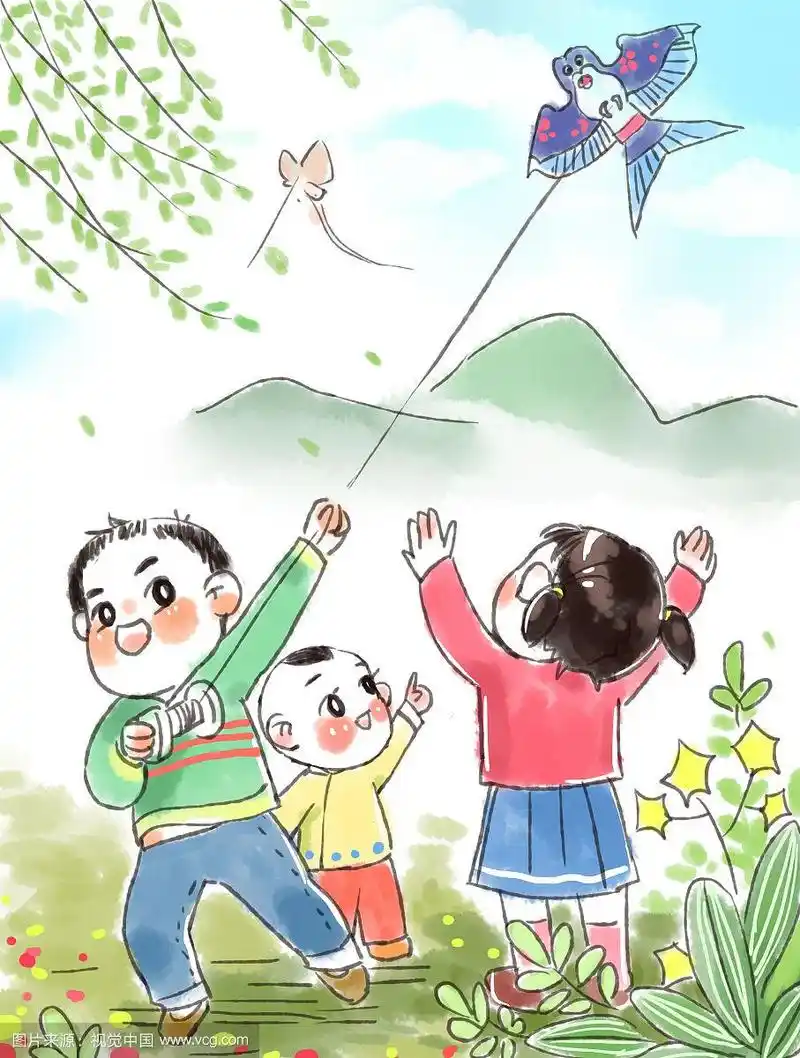 春天孩子放风筝插画