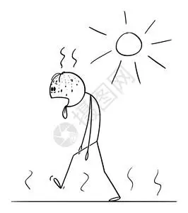 原型描绘口渴和精疲力尽的人在夏天阳光明媚的白行走舌头伸出来插画