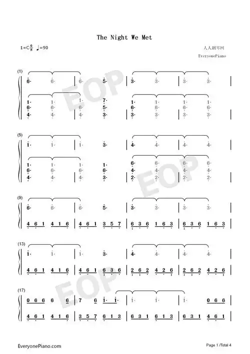 the night we met-十三个原因ost双手简谱预览1