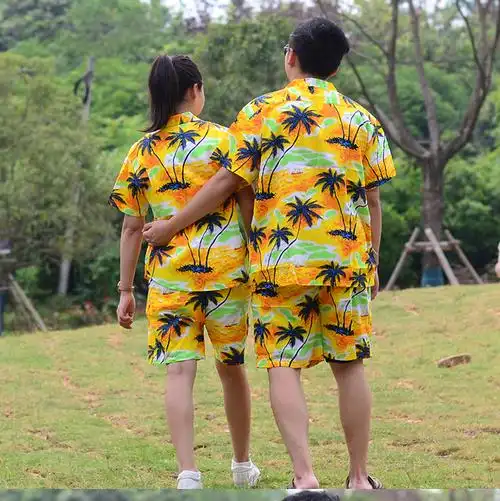 海南岛服沙滩服三亚旅游男女印花衬衫威夷休闲情侣亲子套装4号白蓝