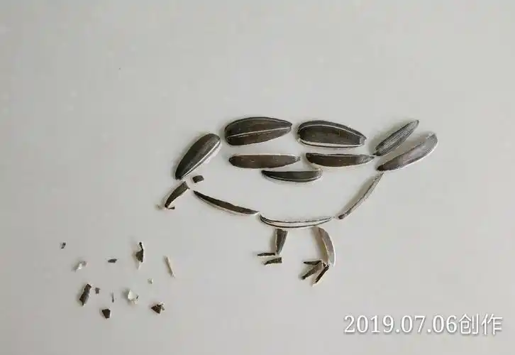 2,用双面胶将画作轮廓粘出来; 3,选适宜的瓜子皮,然后有序的排列粘