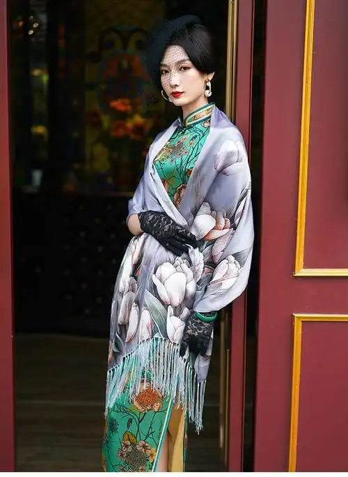 真丝旗袍长款23021年新款春款年轻款少女高开叉复古气质时尚