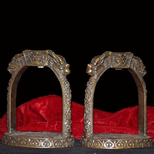 纯铜蒙古马蹬马匹装备复古黄铜实心马镫一对龙头马镫