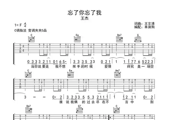 忘了你忘了我吉他谱王杰c调吉他弹唱六线谱单身狗编配