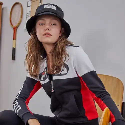 斐乐女装春季时尚潮流百搭女款休闲立领机车服女式针织长袖外套