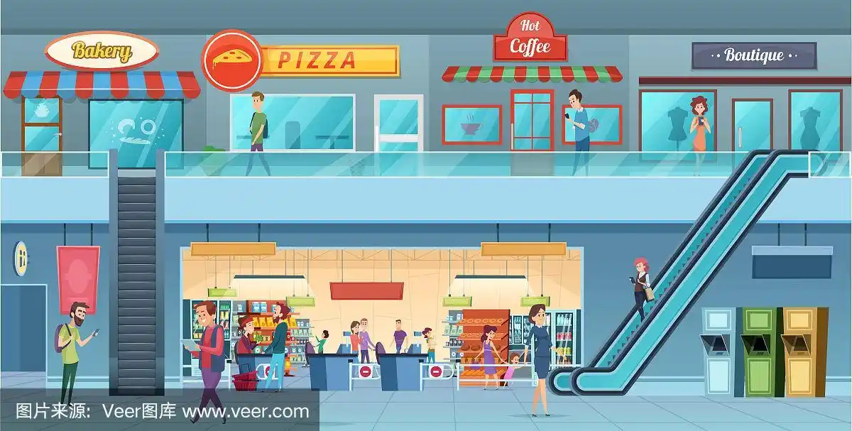 商场内部.零售商大卖场商业购物大厅窗户矢量卡通插图