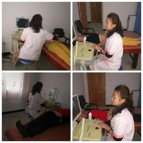 正在为妇女做b超检查环位,子宫肌瘤,囊肿等情况.