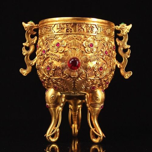 古玩收藏纯铜鎏金清代宫廷御用金瓯永固酒杯三足酒樽影视道具珍藏