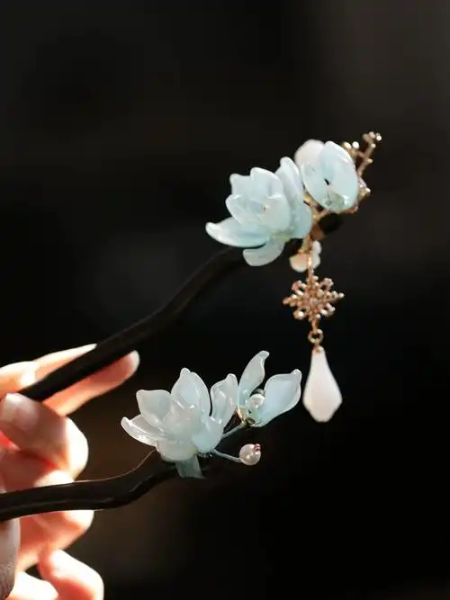 冰蓝木质发簪子女古风流苏玉兰花汉服头饰旗袍手工发钗国风礼物