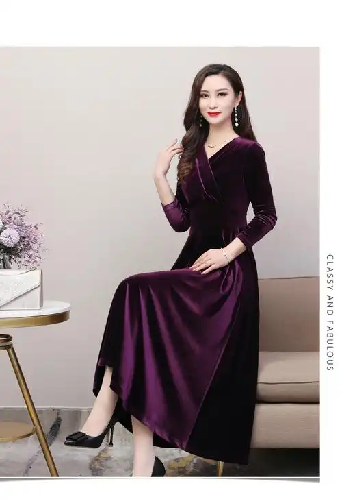 2020春新款过膝长袖金丝绒连衣裙洋气显瘦贵夫人长款大摆a字长裙