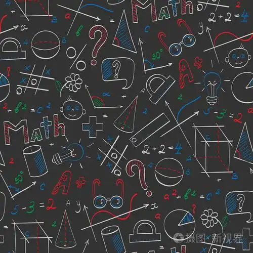 以学校,教育和数学为主题的无缝图案,手绘图形,公式和图标,在黑暗的