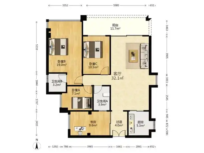 地铁口实用率超100宝安4房圣淘沙骏园103m05
