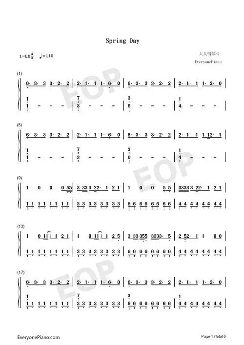 spring day-防弹少年团双手简谱预览1