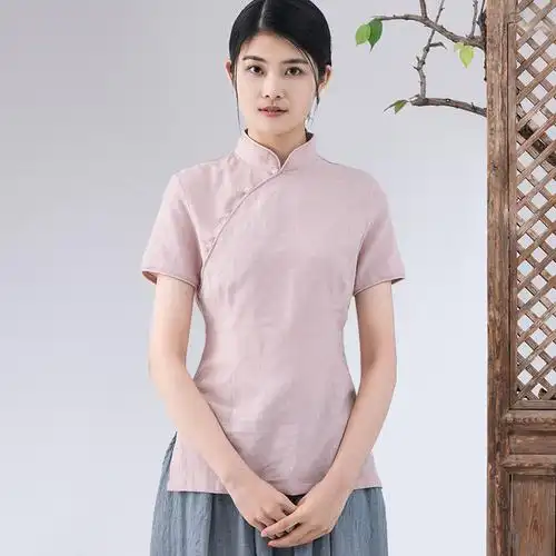 上衣旗袍禅意夏禅意茶服女短袖偏襟年轻少女短款上衣