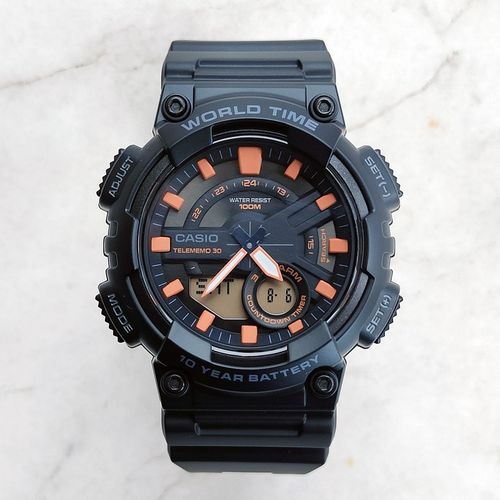 卡西欧手表男casio aeq-110w-1a2学生经典复古夜光指针双显电子表