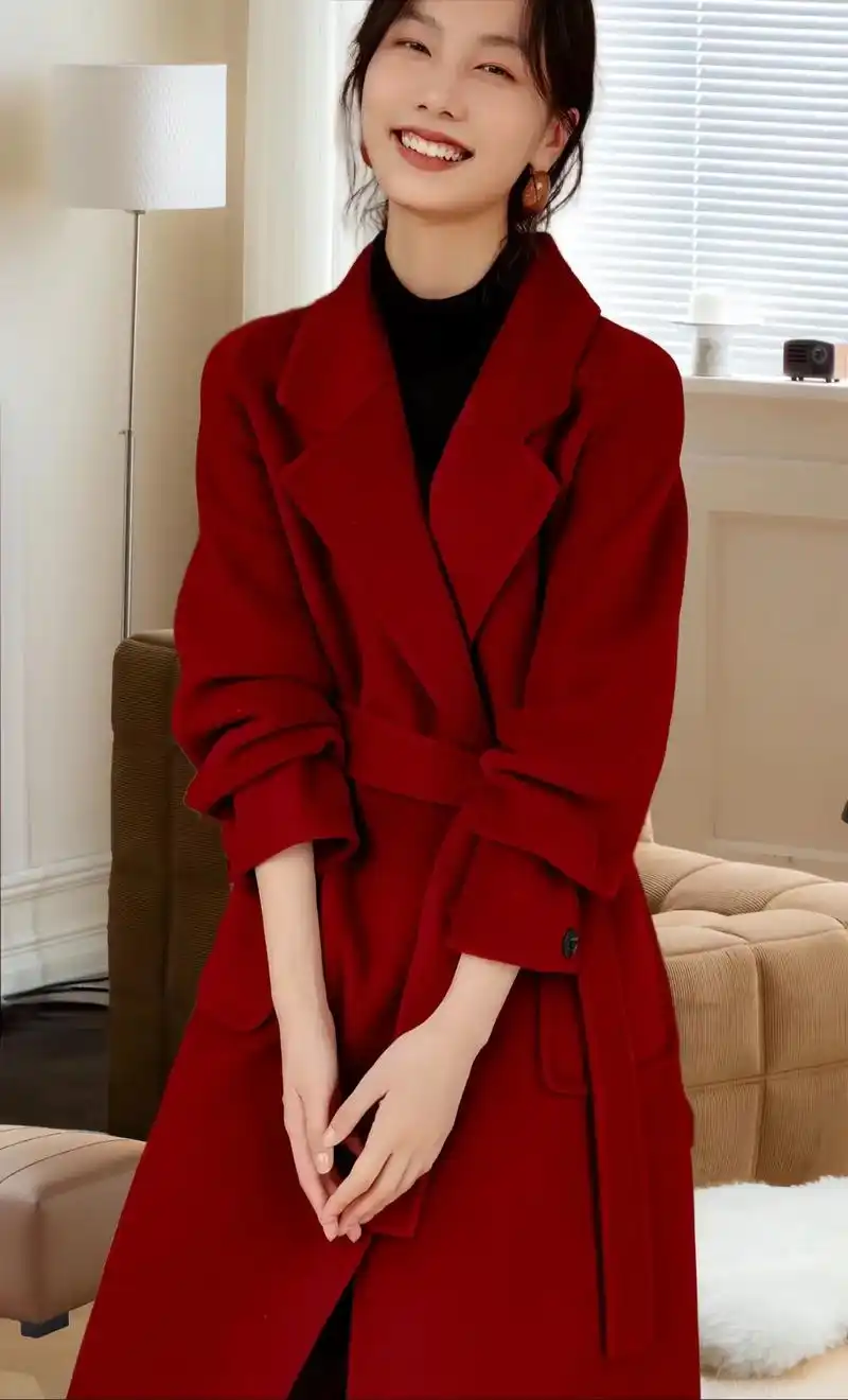 冬款上新姐妹们～这款氛围感酒红色双面呢羊毛大衣,颜色很正,好 - 抖