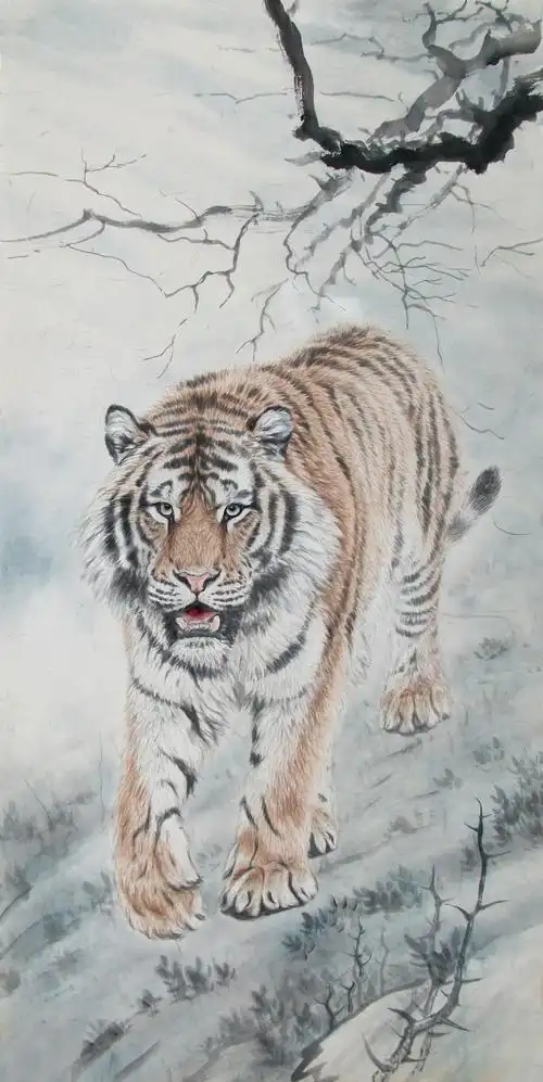 配景墨色 花青渲染,烘托出老虎白色毛丛.