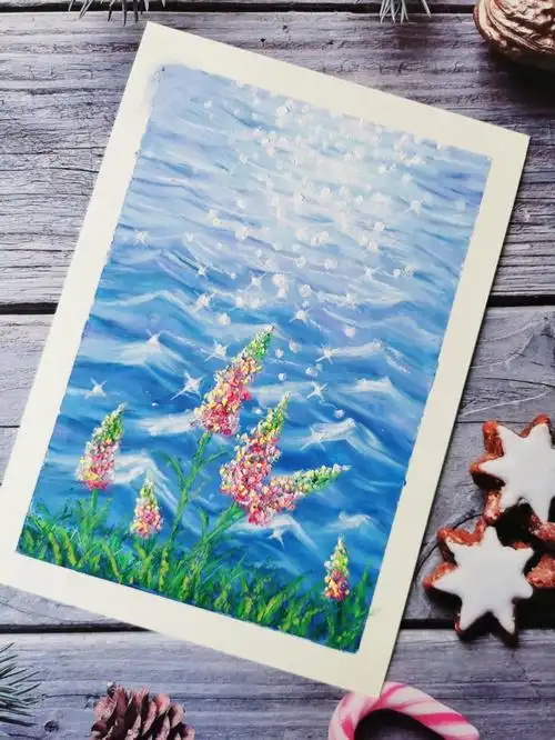 油画棒水边的鲁冰花附步骤有视频