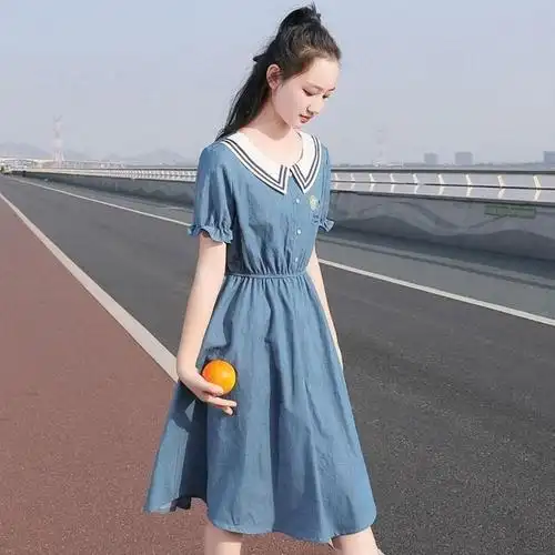 少女连衣裙夏季新款小清新学院风高中生牛仔裙子初中生夏装潮