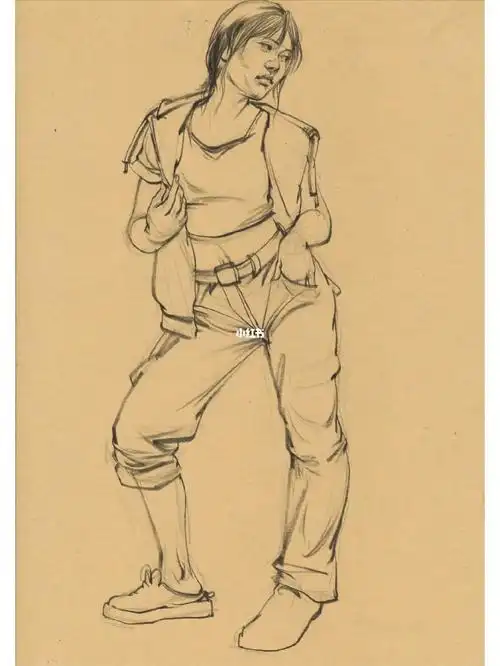 速写单人女青年站姿线面结合步骤