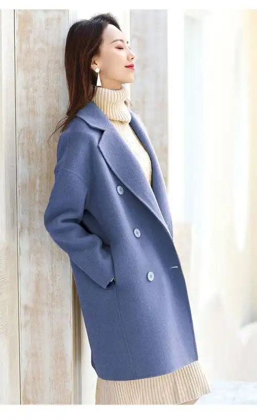 伴夕2022新款高端驼色双排扣双面呢大衣女中长款呢子毛呢外套 卡其色