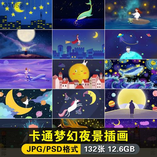 唯美星空卡通梦幻星星月亮夜景天空儿童房女孩房间装饰画芯素材图