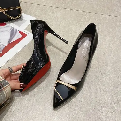 意大利rg ck l奢侈品牌2021年新款百搭漆皮职业高跟鞋女细跟尖头9cm