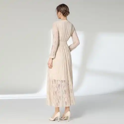 实拍- 2019春款欧美外贸气质长裙米色镂空蕾丝收腰大摆连衣裙