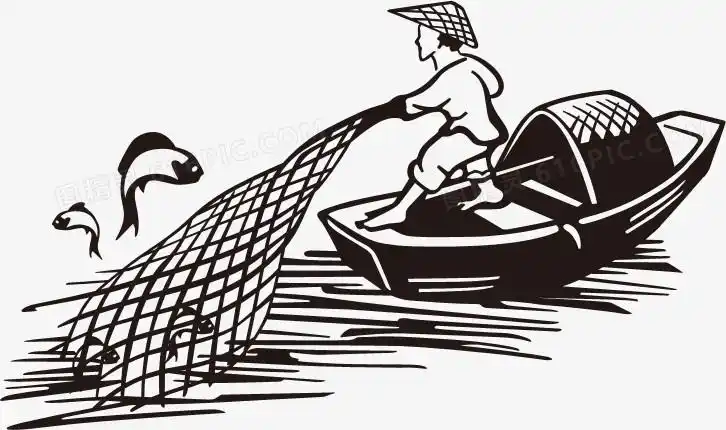 扁平风格手绘撒网打鱼