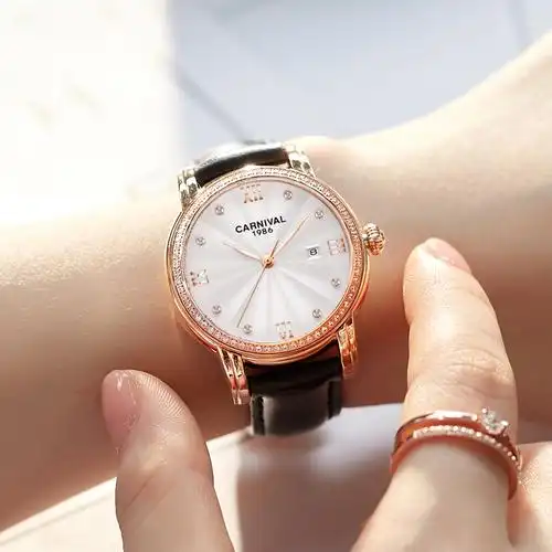 瑞士嘉年华carnival手表机械表 女士时尚潮流玫瑰金新款镂空花瓣腕表