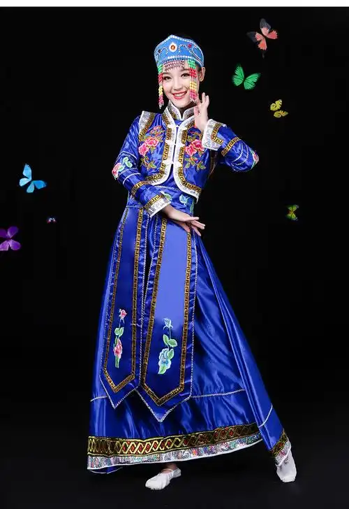 津谨岸蒙古族女装演出服内蒙古舞蹈服装蒙古袍少数民族表演冬季蓝色xs