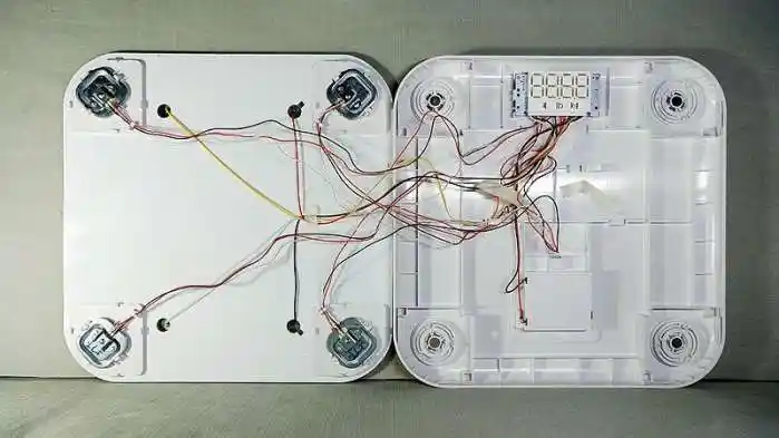 yolanda体脂秤-mini的内部结构由4个称重传感器和bia的4个电极的线路