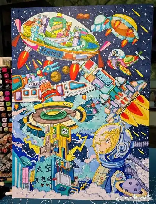 50张~创意美术儿童获奖范画,很值得初学者临摹,色彩都是高级感!