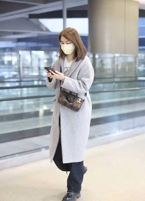 洪欣的衣品气质也太好了,穿灰色大衣配阔腿裤走机场,时髦又高级
