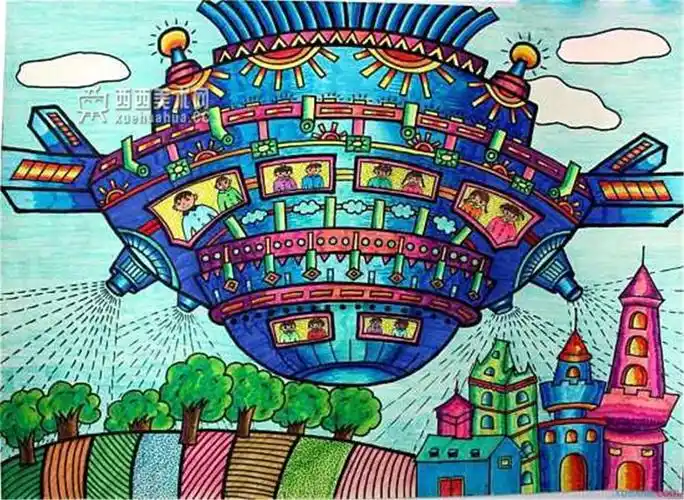 二等奖小学生科幻画梦幻飞行屋赏析