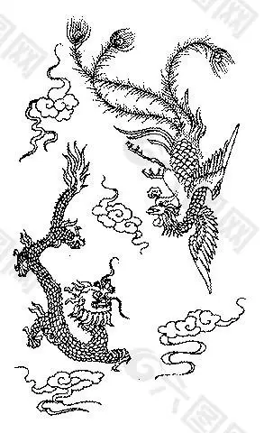 中式吉祥双龙戏珠黑白图