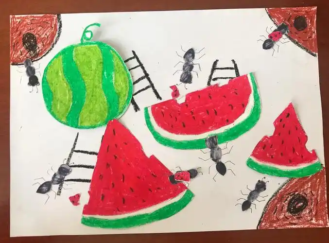 写美篇这样,一幅源于绘本蚂蚁搬西瓜的作品就完成啦～是不是很简单呢?