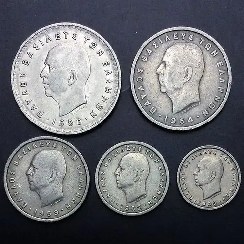 外国钱币 希腊5枚一套 非全新 外国钱币 老版人头版(大图展示)