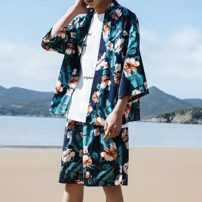 男士夏季新款印花时尚套装男宽松七分袖开衫薄款沙滩服冰丝两件套