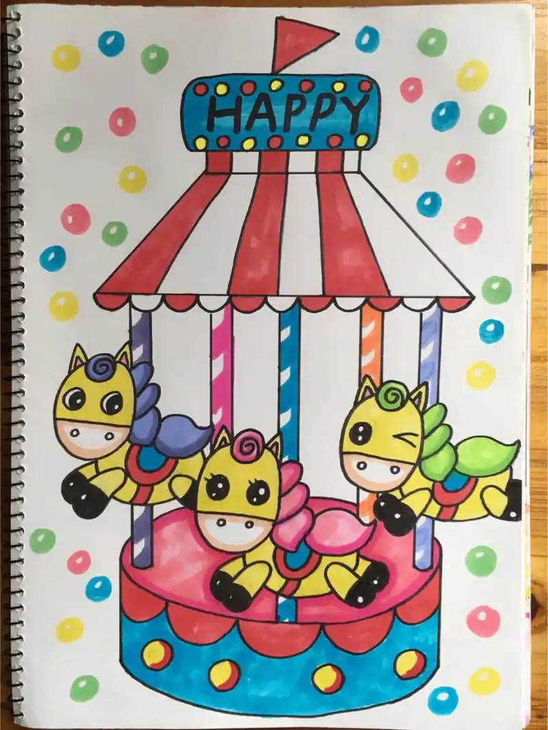 手绘马克笔/儿童画/备课/游乐园 【彩虹旋转木马96】 线稿 成品 会