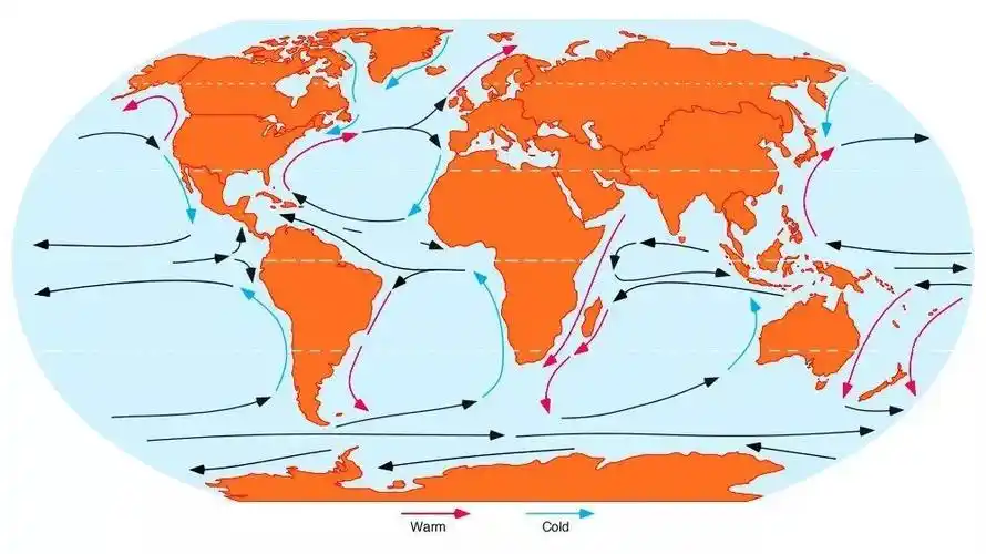 例如,地中海海水蒸发旺盛,盐度高,密度大,相邻的大西洋海水密度小