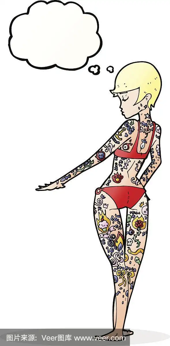 卡通比基尼女孩满身纹身,思想泡泡
